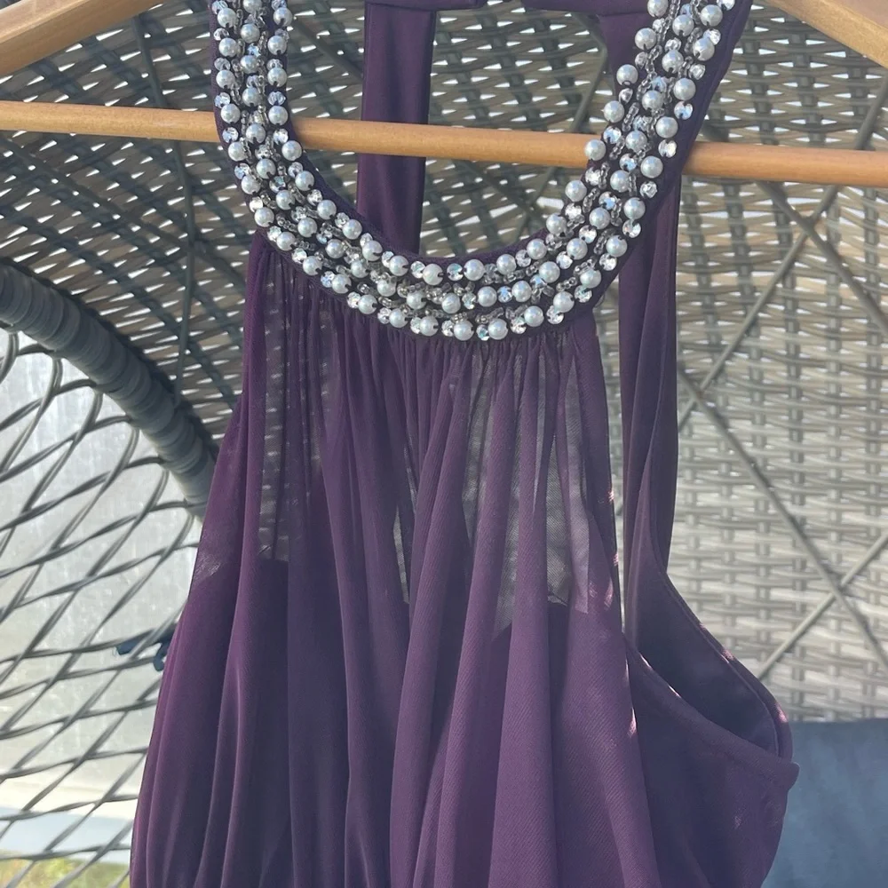 Rich purple formal wear cocktail A-line dress with beaded halter neckline sz 7 - Picture 4 of 7